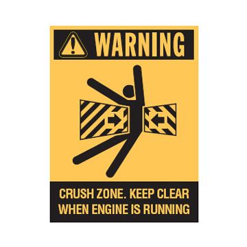 Warning Crush Zone Keep Clear When Engine Is Running Sign, 90mm (W) x 125mm (H), Self Adhesive Vinyl, Pack of 5