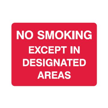 No Smoking Except In Designated Areas Sign - 300mm (W) x 225mm (H), Self-Adhesive Vinyl