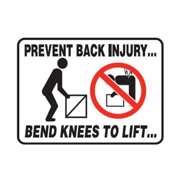 Picto Prevent Back Injury Bend Knees To Lift Sign - 600mm (W) x 450mm (H), Metal