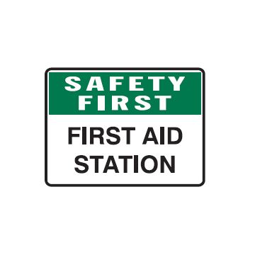 Safety First First Aid Station Sign - 450mm (W) x 300mm (H), Self-Adhesive Vinyl