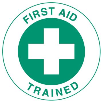 Hard Hat Label - First Aid Trained, 51mm DIA, Self Adhesive Vinyl, Pack of 4