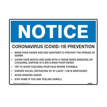 Notice Sign - Workplace Coronavirus Prevention - 450mm (W) x 300mm (H), Flute