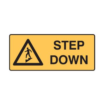 Warning Sign - Step Down  - 300mm (W) x 125mm (H), Self-Adhesive Vinyl