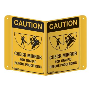 3D Warehouse Forklift Projecting Sign - Caution Check Mirror For Traffic - 175mm (W) x 250mm (H) Each Side, Polypropylene