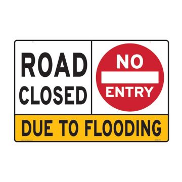 Multi-Message Sign, Road Closed No Entry Due to Flooding, W900mm x H600mm, Metal, Class 1 (400) Reflective