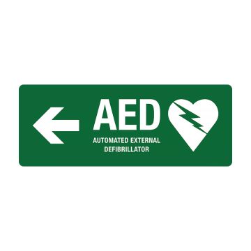 First Aid Sign - AED Defibrillator Sign with Left Pointing Arrow
