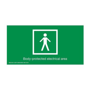 First Aid Sign - Body-Protected Electrical Area, 200mm (W) x 90mm (H), Self Adhesive Vinyl