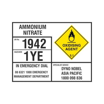 Ammmonium Nitrate Dyno Class 5.1 Sign - 800mm (W) x 600mm (H), Vinyl